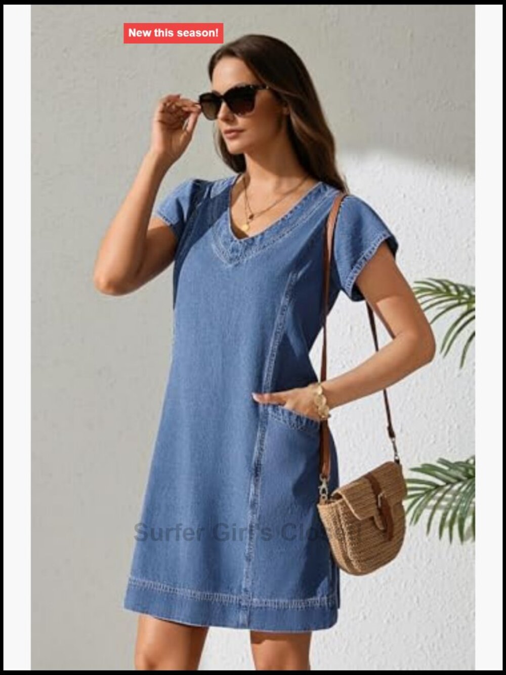 Short Sleeve V Neck Loose Denim Dress with Pockets Casual - Picture 5 of 7